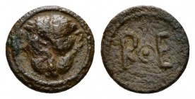 Bruttium, Rhegium Bronze circa 450-415, Æ 12mm., 1.30g. Head of lion facing. Rev. R-E flanking pellet-in-circle. Rutter, South, Group II. Historia Num...