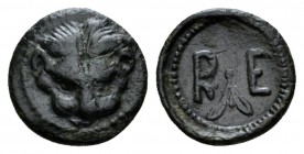 Bruttium, Rhegium Onkia circa 450-425, Æ 13mm., 1.21g. Facing lion's scalp. Rev. R-E Olive sprig. Historia Numorum Italy 2517. SNG ANS 678.

Good Ve...