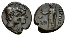 Bruttium, Rhegium Tetrachalkion circa 211-201, Æ 15mm., 2.87g. Jugate heads of the Dioskouroi r., wearing piloi and laurel wreaths. Rev. Demeter stand...