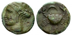 Bruttium, Terina Bronze circa 350-275, Æ 18mm., 4.07g. Female head l. Rev. Crab. Holloway-Jenkins, cf 121. Historia Numorum Italy 2646.

Green patin...