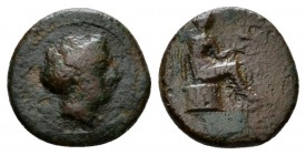 Bruttium, Terina Bronze circa 350-275, Æ 15mm., 2.60g. Female head r. Rev. Winged Nike seated r. on cippus. Historia Numorum 2650. SNG ANS 884.

Ver...
