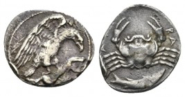 Sicily, Agrigentum Hemidrachm circa 425-406, AR 16mm., 1.98g. Eagle r., perched on dead hare. Rev. Crab; below, fish (polyprium cernium) to r. SNG ANS...