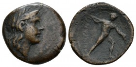 Sicily, Agrigentum Bronze circa 240-212, Æ 25mm., 9.25g. Laureate head of Zeus Hellanios r. Rev. AKPAGAN-TINΩ Nude warrior advancing r., hurling a spe...