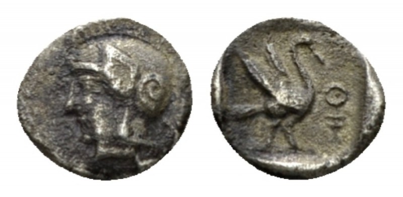 Cilicia, Mallos Obol circa 385-333, AR 8.5mm., 0.37g. Helmeted head l. Rev. Swan...