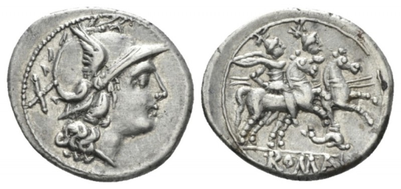 Denarius Sicily (?) circa 209-208,, AR 20mm., 3.62g. Helmeted head of Roma r.; b...