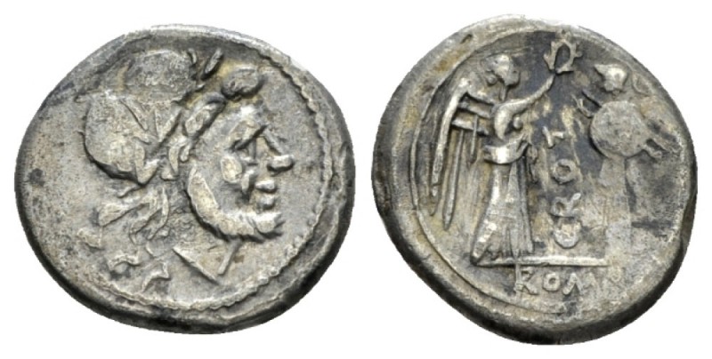 Victoriatus uncertain mint circa 211-208, AR 17.5mm., 2.68g. Laureate head of Ju...