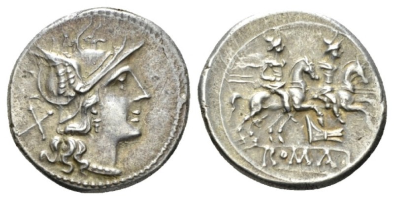 Denarius circa 206-195, AR 19.5mm., 4.10g. Helmeted head of Roma r.; behind, X. ...