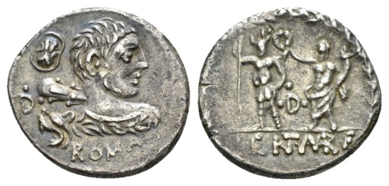 Pub. Lentulus Marceli f. Denarius circa 100, AR 19.5mm., 3.900g. Bust of Hercule...