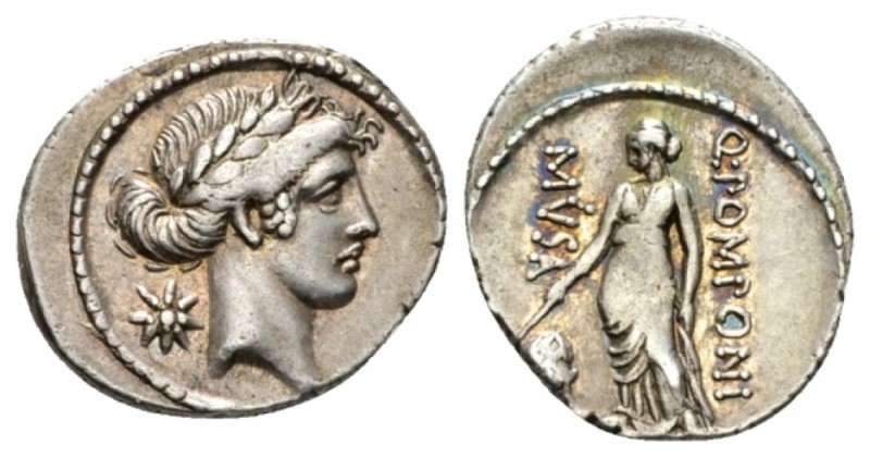 Q. Pomponius Musa. Denarius circa 66, AR 20mm., 3.60g. Laureate head of Apollo r...