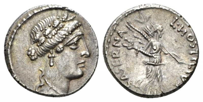 L. Hostilius Saserna. Denarius circa 48, AR 18mm., 3.90g. Female head r., wearin...