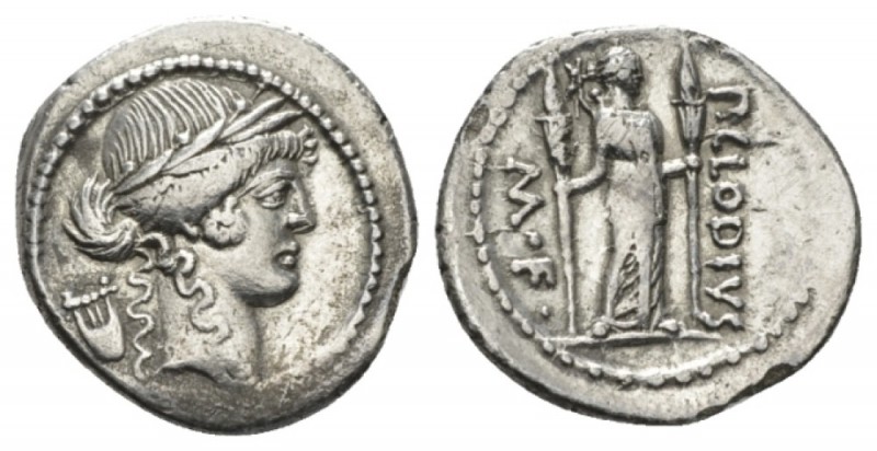 P. Clodius M.f. Turrinus. Denarius circa 42, AR 19mm., 3.65g. Denarius 42, AR 4....