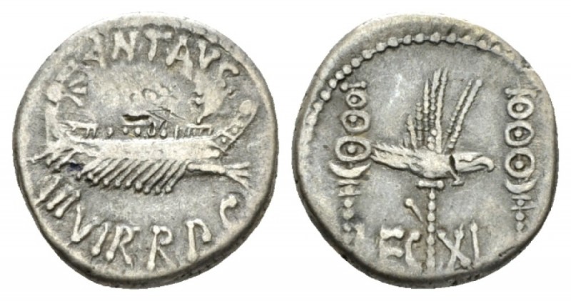 M. Antonius. Denarius mint moving with Antonius 32-31, AR 16mm., 3.71g. Ship r.,...