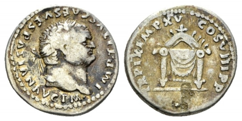 Titus, 79-81 Denarius 1 January-30 June AD 80, AR 18mm., 3.28g. Laureate head r....