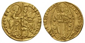 Venice, Antonio Venier, 1382-1400 Ducat 1382-1400, AV 20.5mm., 3.48g. St. Mark standing r., presenting banner to kneeling Doge. Rev. Christ within man...