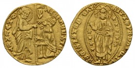 Venice, Michele Steno Doge, 1400-1413. Ducat 1400-1413, AV 20.5mm., 3.51g. St. Mark standing r., presenting banner to kneeling Doge. Rev. Christ withi...