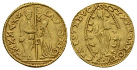 Venice, Lorenzo Priuli, 1556-1559 Ducat 1556-1559, AV 21mm., 3.47g. St. Mark standing r., presenting banner to kneeling Doge. Rev. Christ within mando...