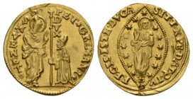 Venice, Pietro Grimani, 1741-1752 Ducat 1741-1752, AV 22.5mm., 3.46g. St. Mark standing r., presenting banner to kneeling Doge. Rev. Christ within man...