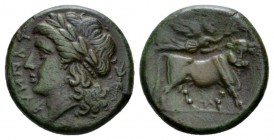 Samnium, Teanum Sidicinum Bronze circa 265-240, Æ 18mm., 5.87g. Laureate head of Apollo l.; behind thunderbolt. Rev. Man faced bull advancing r., crow...