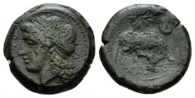 Campania, Cales Bronze circa 265-240, Æ 19mm., 7.99g. Laureate head of Apollo l. Rev. Man-faced bull advancing r.; above, star. SNG ANS 183. Historia ...