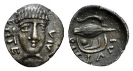Campania, Phistelia Obol circa 325-275, AR 11mm., 0.56g. Facing male head, slightly r. Rev. Grain; above, dolphin and below, shell. Historia Numorum I...