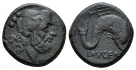 Apulia, Luceria Teruncius circa 217-212, Æ 20mm., 10.19g. Laureate head of Poseidon r.; behind, three pellets. Rev. Dolphin r.; above, trident.

Dar...