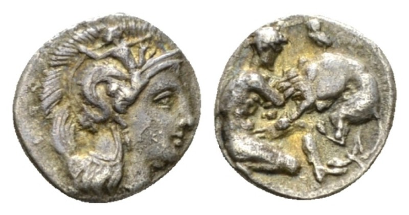 Calabria, Tarentum Diobol circa 325-280, AR 11.5mm., 1.18g. Head of Athena r., w...