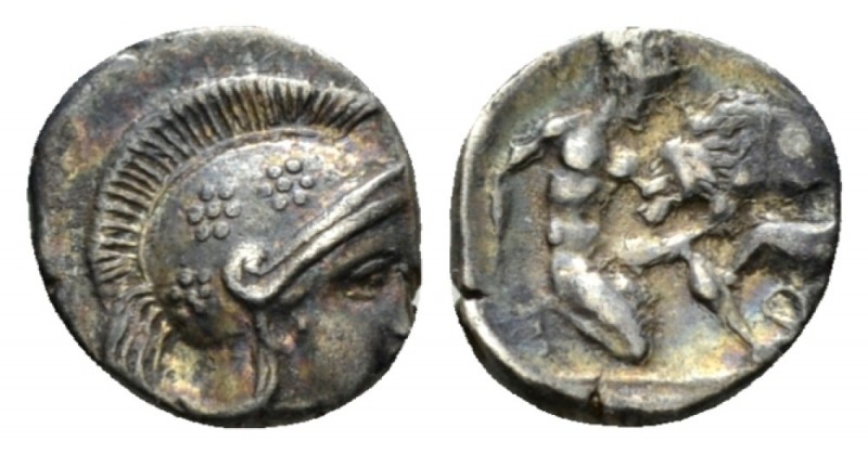 Calabria, Tarentum Diobol circa 325-280, AR 11mm., 1.17g. Head of Athena r., wea...