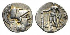 Calabria, Tarentum Diobol circa 280-228, AR 10.50mm., 0.96g. Head of Athena r., wearing crested Corinthian helmet. Rev. Herakles standing facing, hold...