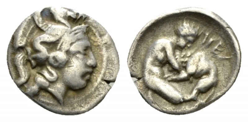 Lucania, Heraclea Diobol circa 432-420, AR 12.5mm., 1.15g. Head of Athena r., we...