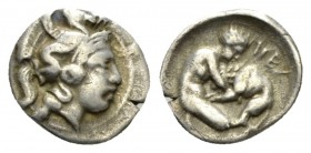 Lucania, Heraclea Diobol circa 432-420, AR 12.5mm., 1.15g. Head of Athena r., wearing crested Attic helmet, decorated with hippocamp. Rev. Herakles st...