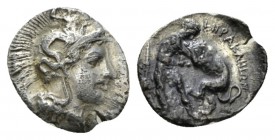 Lucania, Heraclea Diobol circa 433-330, AR 13mm., 1.07g. Head of Athena r., wearing Attic helmet decorated with Skylla. Rev. Herakles standing r., wre...