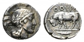 Lucania, Thurium Triobol circa 443-440, AR 11.5mm., 1.22g. Head of Athena r., wearing crested Attic helmet decorated with wreath. Bull advancing l.; i...