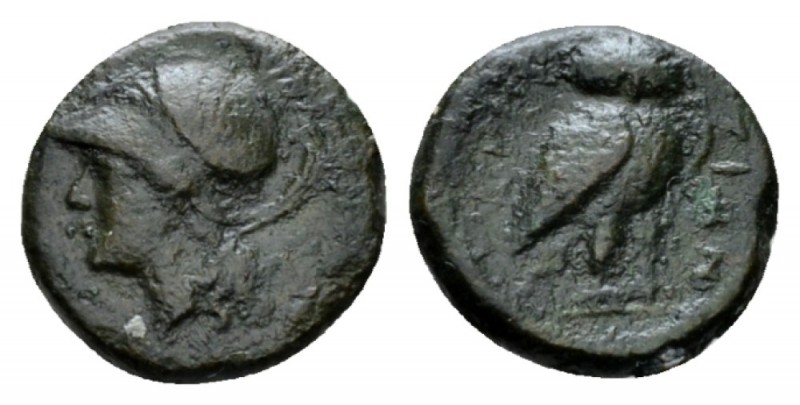 Bruttium, Brettii Obol circa 215-210, Æ 13mm., 1.66g. Head of Athena l., wearing...