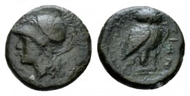 Bruttium, Brettii Obol circa 215-210, Æ 13mm., 1.66g. Head of Athena l., wearing crested Corinthian helmet. Rev. Owl standing r. with wings closed. SN...