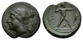 Bruttium, Brettii Half Unit circa 214-211, Æ 18mm., 4.08g. Head of Nike l., wearing hair-band. Rev. Zeus standing facing, hurling thunderbolt; in r. f...