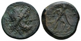 Bruttium, Brettii Unit circa 211-208, Æ 23.5mm., 9.12g. Laureate head of Zeus r.; behind, thunderbolt. Rev. Warrior advancing r., holding shield and s...