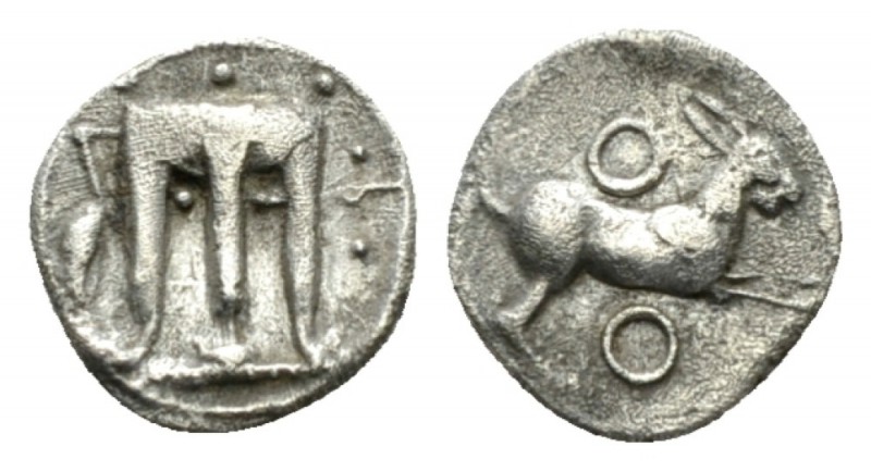 Bruttium, Kroton Diobol circa 460-440, AR 10mm., 0.83g. Tripod; in l. field, bir...