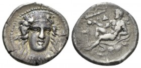 Bruttium, Kroton Nomos circa 400-325, AR 23.5mm., 7.68g. Head of Hera Lacinia facing, wearing decorated stephane. Rev. Young Heracles seated l. on lio...