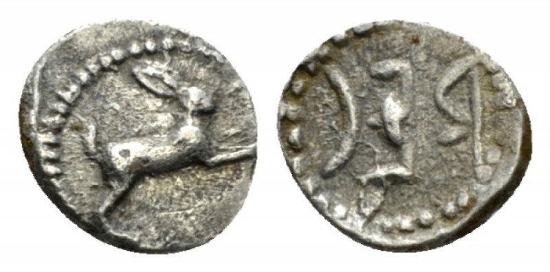 Bruttium, Rhegium Litra circa 480-462, AR 9.5mm., 0.53g. Hare r. REC retrograde....