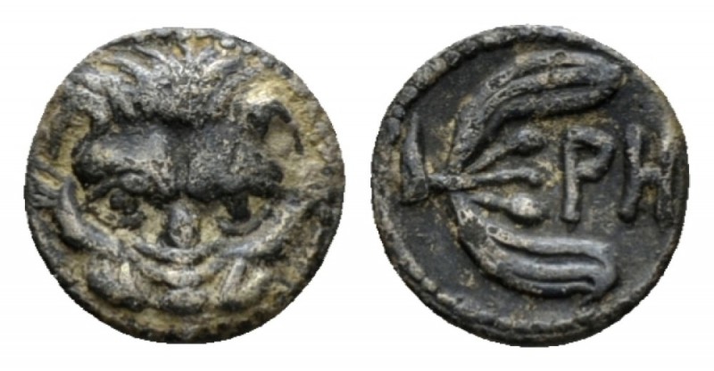 Bruttium, Rhegium Litra circa 415-387, AR 10mm., 0.50g. Facing head of lion. Rev...