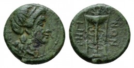 Bruttium, Rhegium Bronze circa III cent., Æ 13.5mm., 2.11g. Laureate head of Apollo r. Rev. Tripod. Lidgren II, 17, 390. Historia Numorum Italy –.

...