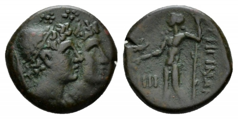 Bruttium, Rhegium Tetras circa 215-150, Æ 15.5mm., 3.11g. Jugate head of Dioskur...