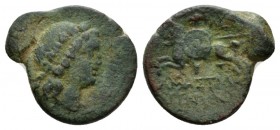 Sicily, Amestratos Tetras circa 200, Æ 19.5mm., 3.84g. Laureate head of Apollo r. Rev. Horseman galloping l., holding spear and shield. Campana 2. Cal...