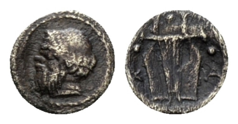 Sicily, Catana Tetras circa 460, AR 8mm., 0.18g. Bearded head of Satyr l. Rev. L...
