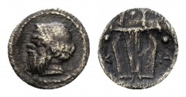 Sicily, Catana Tetras circa 460, AR 8mm., 0.18g. Bearded head of Satyr l. Rev. Lyre; aroud, three pellets. SNG ANS –. Boehringer, Probleme, pl. 6 TS1....