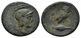Sicily, Calacte Semis (?) circa 200-150, Æ 22mm., 5.99g. Head of Athena r., wearing crested Attic helmet. Rev. Owl standing r., with closed wings, on ...