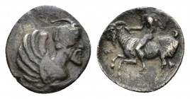 Sicily, Himera Litra circa 450-420, AR 12mm., 0.75g. Forepart of a winged and horned, man-headed monster r. Rev. Nude youth riding goat prancing l. ho...