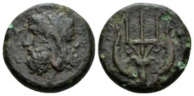 Sicily, Messana Litra circa 338-318, Æ 25.5mm., 15.99g. Laureate head of Poseidon l. Rev. MEΣΣANIΩN Trident; above, two palmettae and at sides, two do...