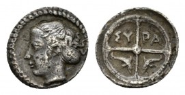 Sicily, Syracuse Hemiobol or Hemilitron circa 405-367, AR 10mm., 0.39g. Head of nymph Arethusa l., wearing sakkos and earrings. Rev. Wheel withn two d...