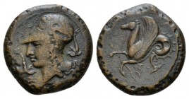 Sicily, Syracuse Litra circa 405-367, Æ 20.5mm., 8.22g. Head of Athena l., wearing Corinthian helmet; at sides, two dolphins. Rev. Hippocamp. SNG ANS ...